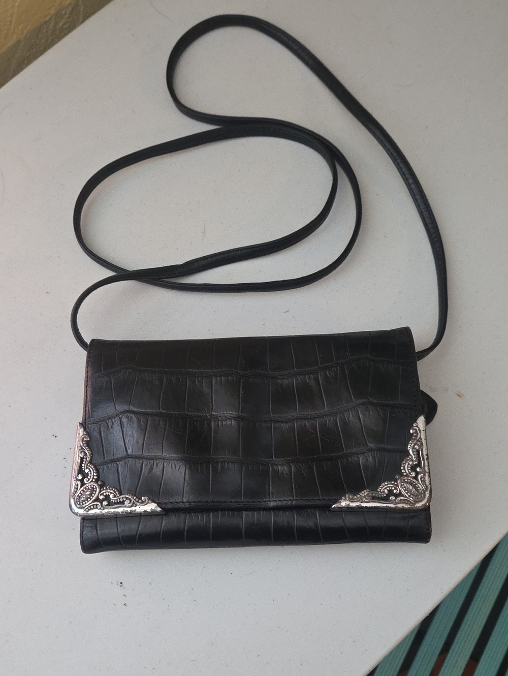 Brighton Black Croc-Embossed Crossbody with Silver Corner Hardware
